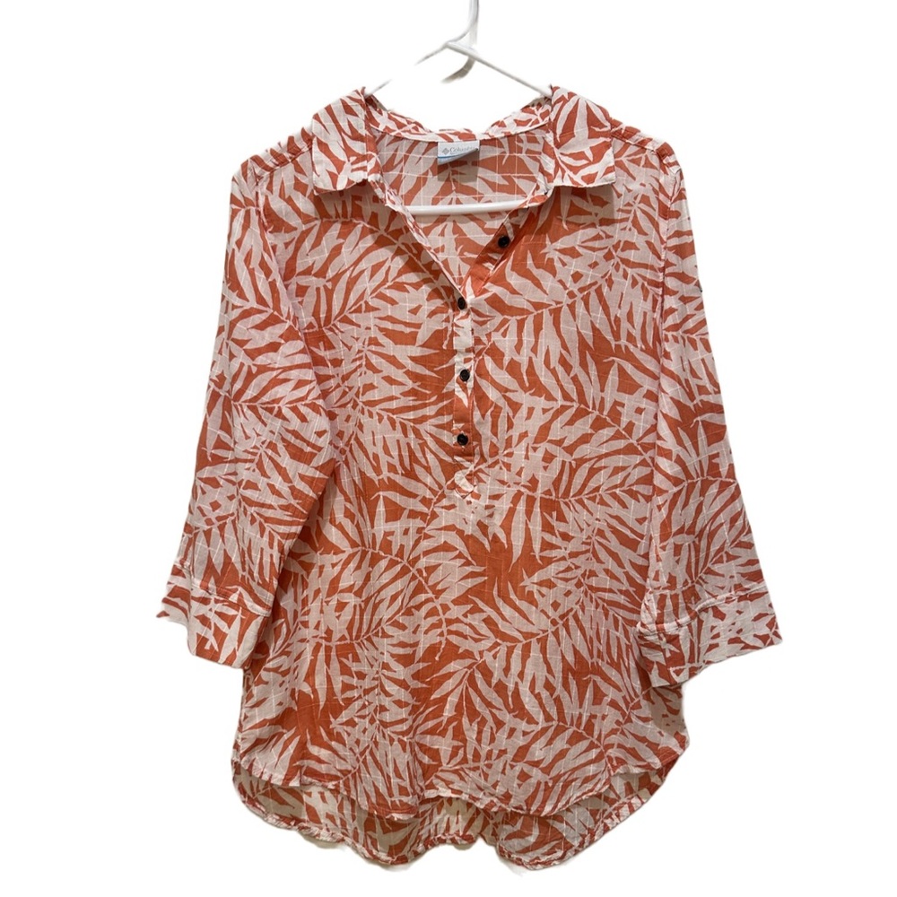 COLUMBIA Botanic Textured Sunset Orange Button Tunic Blouse - L